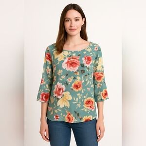 Green Envelope Floral Print Women's Bell Sleeve Top